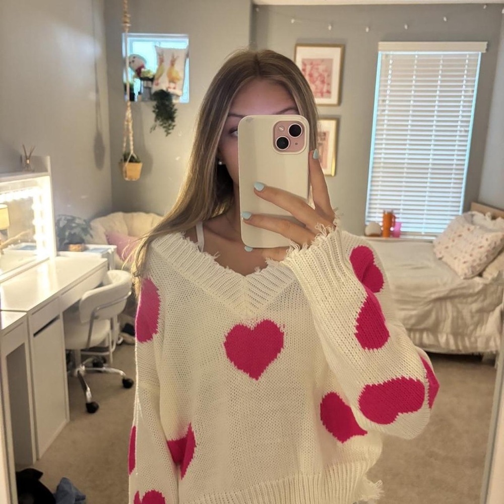 Altar'd State Cream V-Neck Sweater with Hot Pink Heart Motif